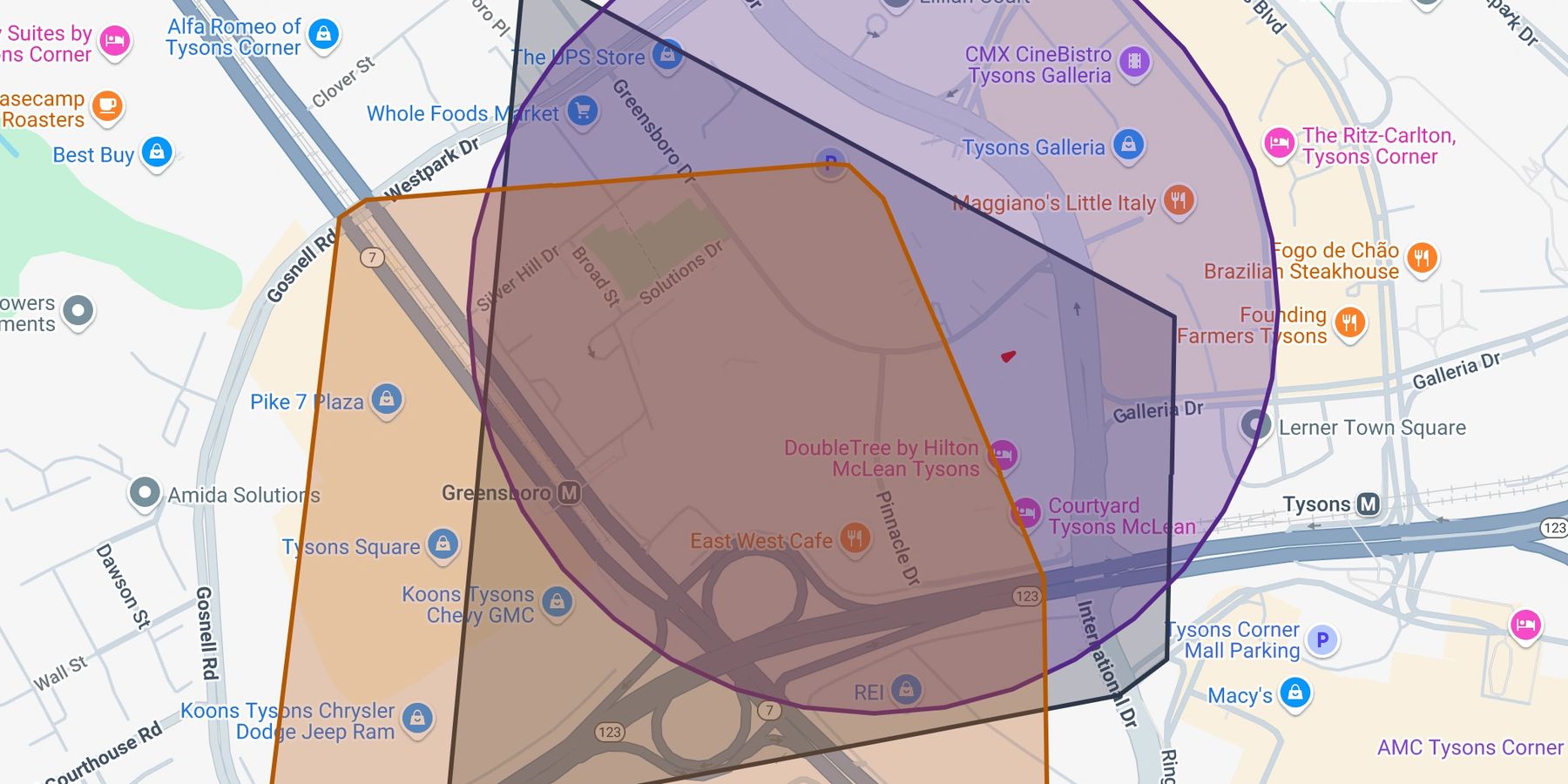 Map of Tysons Corner, Virginia with three overlapping coverage estimates — a purple circle, an orange polygon, and a gray polygon — each claiming a different serving area for the same location.